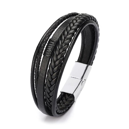 Sorprese - bracelet homme - cuir - 5 cordons - noir avec fermoir couleur  argent - 21... | bol.com