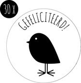 30x Sticker / Cadeausticker / Sluitsticker | GEFELICITEERD + VOGELTJE | 35 mm | wit & zwart