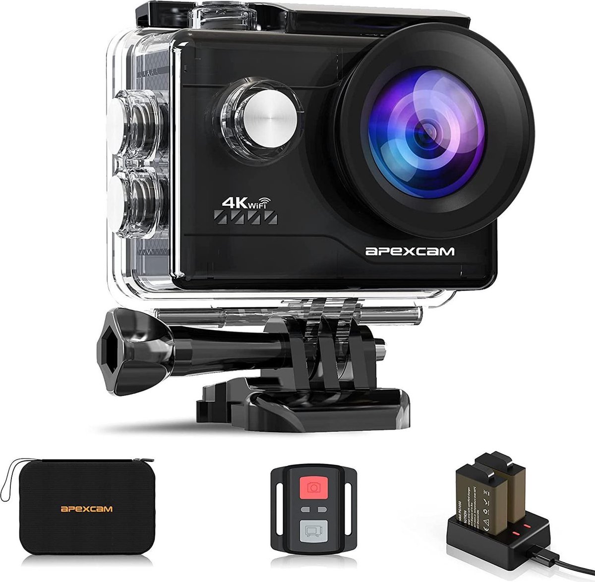 Caméra Sport Étanche 4K - 24MP WiFi Appareil Photo avec Écran Tactile EIS  8X Zoom, Microphone sans Fil, Ensemble de Piles et de Chargeurs et Kits d'accessoires,  Caméra d'action pour Vélo Moto