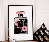Coco Chanel Paris Perfume Mademoiselle - Luxe Wanddecoratie - Luxe Chanel Parfumfles met Bloemen - Schilderij Fotokunst - Chanel Parfumfles - Zwarte Houten Omlijsting - 83 X 63 Cm