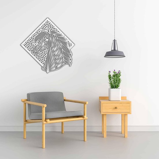 Line Art - Horse 5 avec fond - XS - 26x25cm - AshwoodWhite - décoration murale géométrique