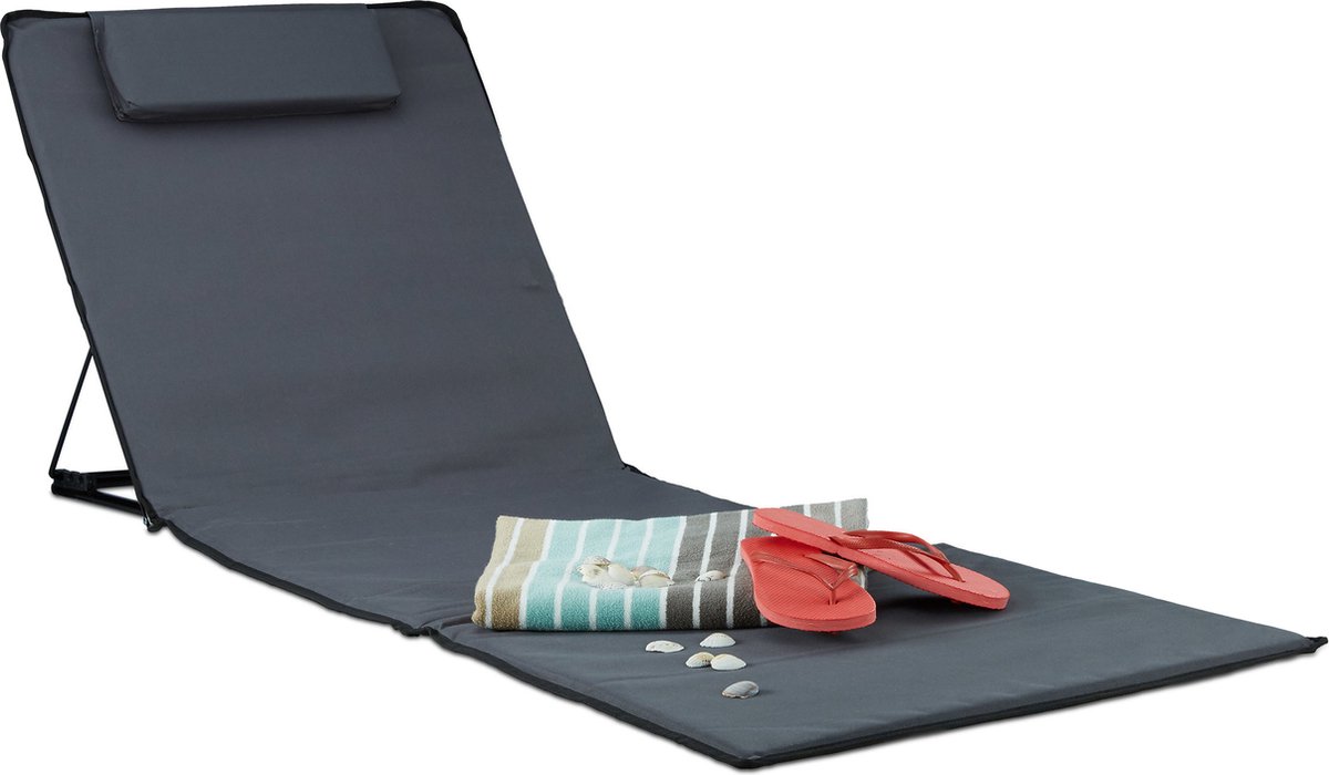 Bol.com Strandmat xxl met kussen - gepolsterde strandstoel - opvouwbaar - draagtas antraciet aanbieding