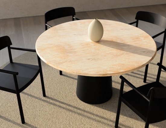 Table à manger ronde FLOW - Travertin (Cylindre Noir) - 140 x 140 x 76