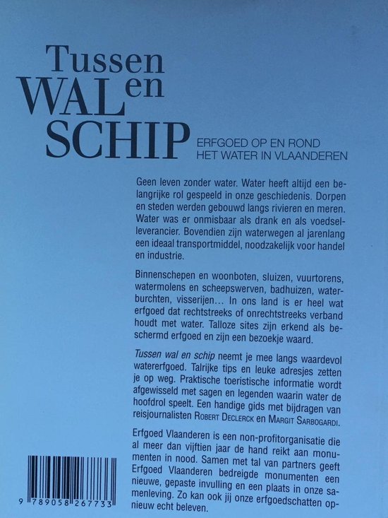 Boekcover 'Tussen wal en schip', met tekst over erfgoed op en rond het water in Vlaanderen.