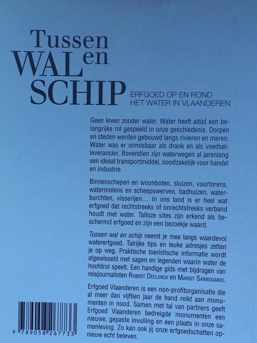 Boekcover 'Tussen wal en schip', met tekst over erfgoed op en rond het water in Vlaanderen.