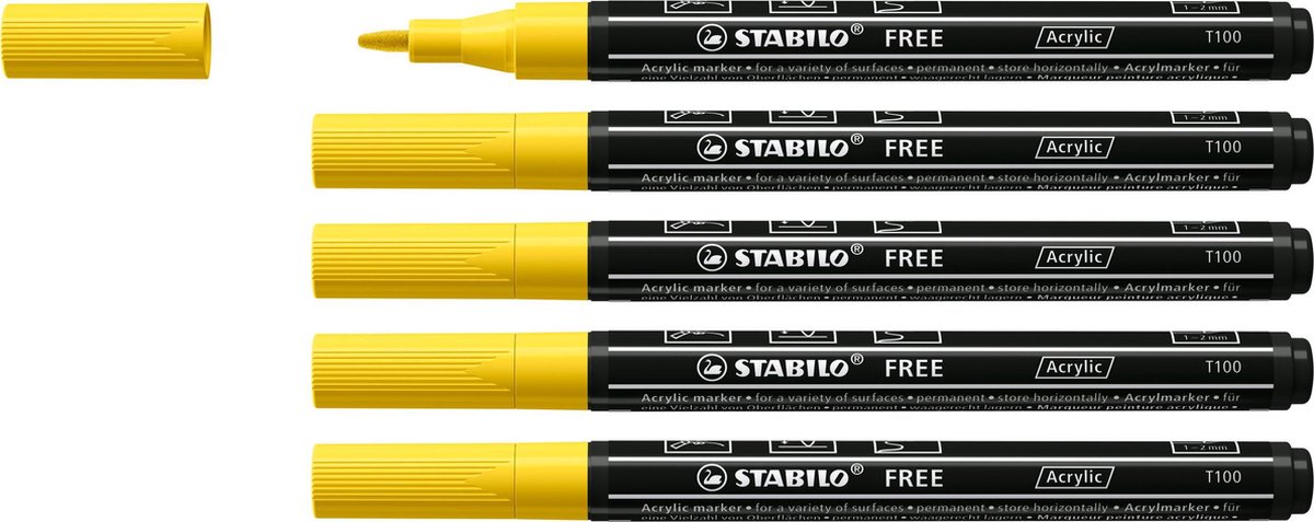 STABILO FREE - Acryl Marker - T100 - Ronde Punt - 1-2 mm - Geel - Doos 5 stuks