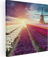 Artaza Canvas Schilderij Kleurrijke Tulpen Bloemenveld - Windmolen - 50x50 - Foto Op Canvas - Canvas Print