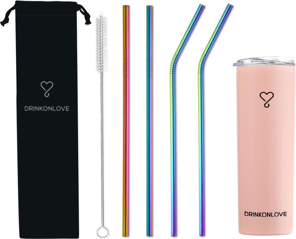 DRINKONLOVE - TEAM LEADER SALMON PINK + COMFY RAINBOW - Drinkbeker met rietjes - RVS - Zalm roze - regenboog - 12 uur koud - 6 uur warm - 600ML - 20,5 cm hoog