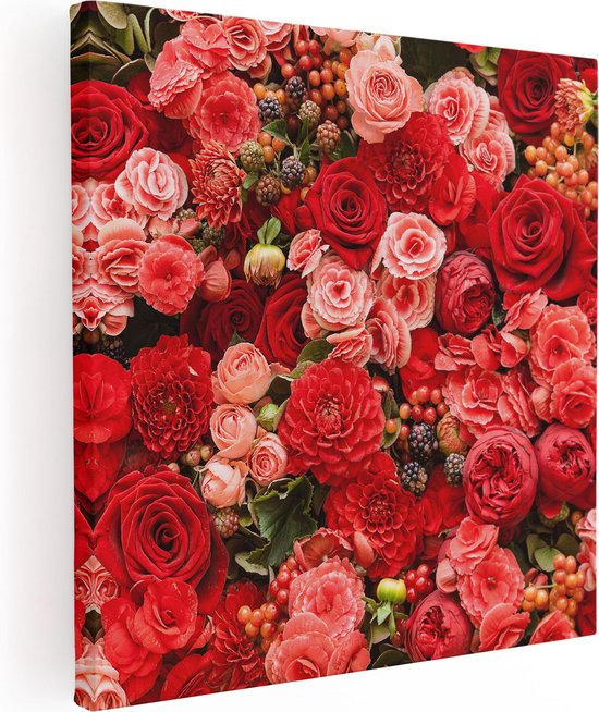 Artaza Canvas Schilderij Rode En Roze Bloemen Met Fruit - Abstract - 40x40 - Klein - Foto Op Canvas - Canvas Print