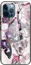 Gehard glas + TPU-randbeschermhoes voor iPhone 13 Pro (bloemen en vlinders)