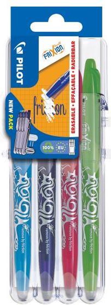 Pilot FriXion - Rollerball pennenset - Lichtblauw, Paars, Roze, Lichtgroen - per 4 verpakt