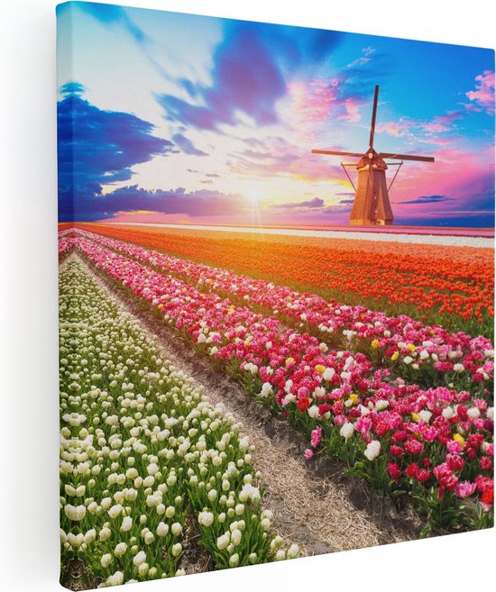 Artaza Canvas Schilderij Kleurrijke Bloemenveld Met Een Windmolen - 60x60 - Foto Op Canvas - Canvas Print