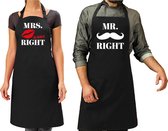 Mr Right en Mrs Always Right kus/snor cadeau schorten set zwart - kado barbecue schort voor koppel/stel - huwelijk/verjaardag