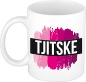 Tjitske  naam cadeau mok / beker met roze verfstrepen - Cadeau collega/ moederdag/ verjaardag of als persoonlijke mok werknemers