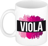 Viola  naam cadeau mok / beker met roze verfstrepen - Cadeau collega/ moederdag/ verjaardag of als persoonlijke mok werknemers