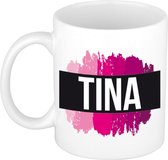 Tina  naam cadeau mok / beker met roze verfstrepen - Cadeau collega/ moederdag/ verjaardag of als persoonlijke mok werknemers