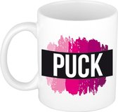 Puck  naam cadeau mok / beker met roze verfstrepen - Cadeau collega/ moederdag/ verjaardag of als persoonlijke mok werknemers