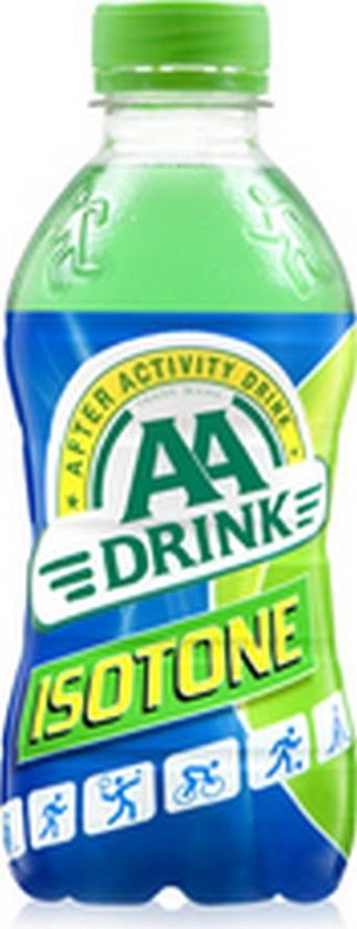 AA Drink Isotone fles met groene dop, blauw met groen label en afbeeldingen van sporters.