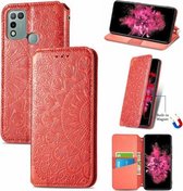 Voor Infinix Hot 10 Spelen Bloeiende Mandala Reliëfpatroon Magnetische Horizontale Flip Lederen Case met Houder & Kaartsleuven & Portemonnee (Rood)