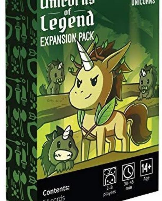 Doos van het kaartspel 'Unicorns of Legend Expansion Pack'. Een bruine eenhoorn met een hoorn, manen en bladeren staat op een heuvel met drie groene, woeste babyeenhoorns om hem heen.