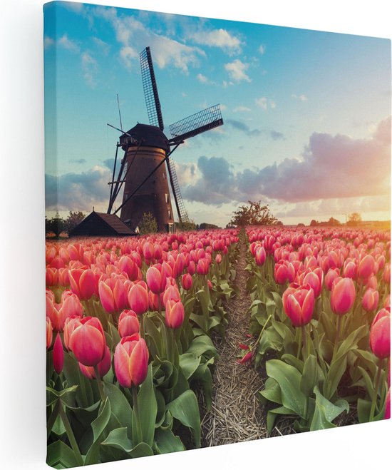 Artaza Peinture sur Toile Champ de Fleurs de Tulipes Roses - avec Moulin à Vent - 90x90 - Groot - Photo sur Toile - Impression sur Toile