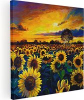 Artaza Canvas Schilderij Getekende Zonnebloemen Veld Met Olieverf - 90x90 - Groot - Foto Op Canvas - Canvas Print