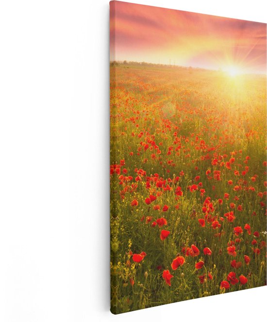 Artaza Canvas Schilderij Rode Klaproos Bloemenveld - Zonsondergang - 60x90 - Foto Op Canvas - Canvas Print