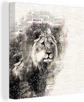 Canvas Schilderij Leeuw - Krant - Zwart - Wit - 90x90 cm - Wanddecoratie
