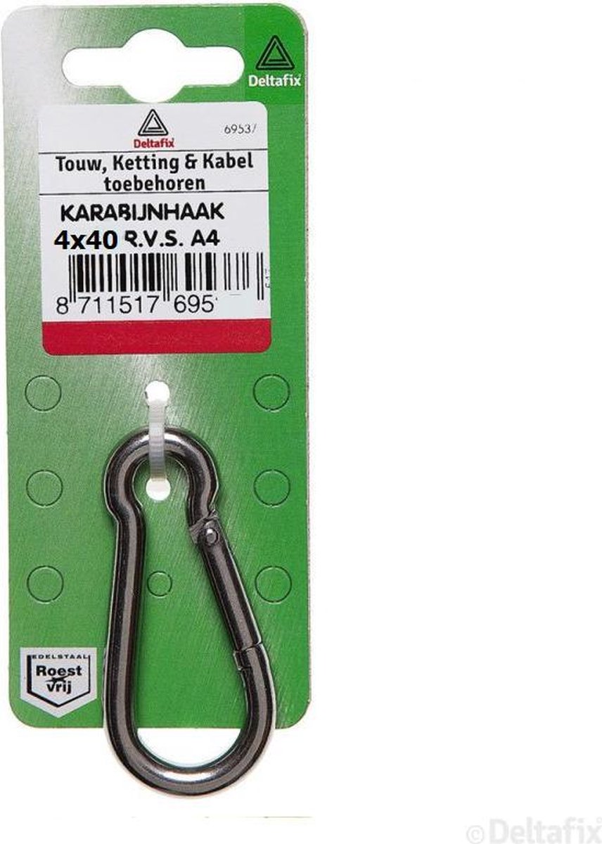 Deltafix karabijnhaak standaard r.v.s. a4 40 mm x 4 mm 1 st.