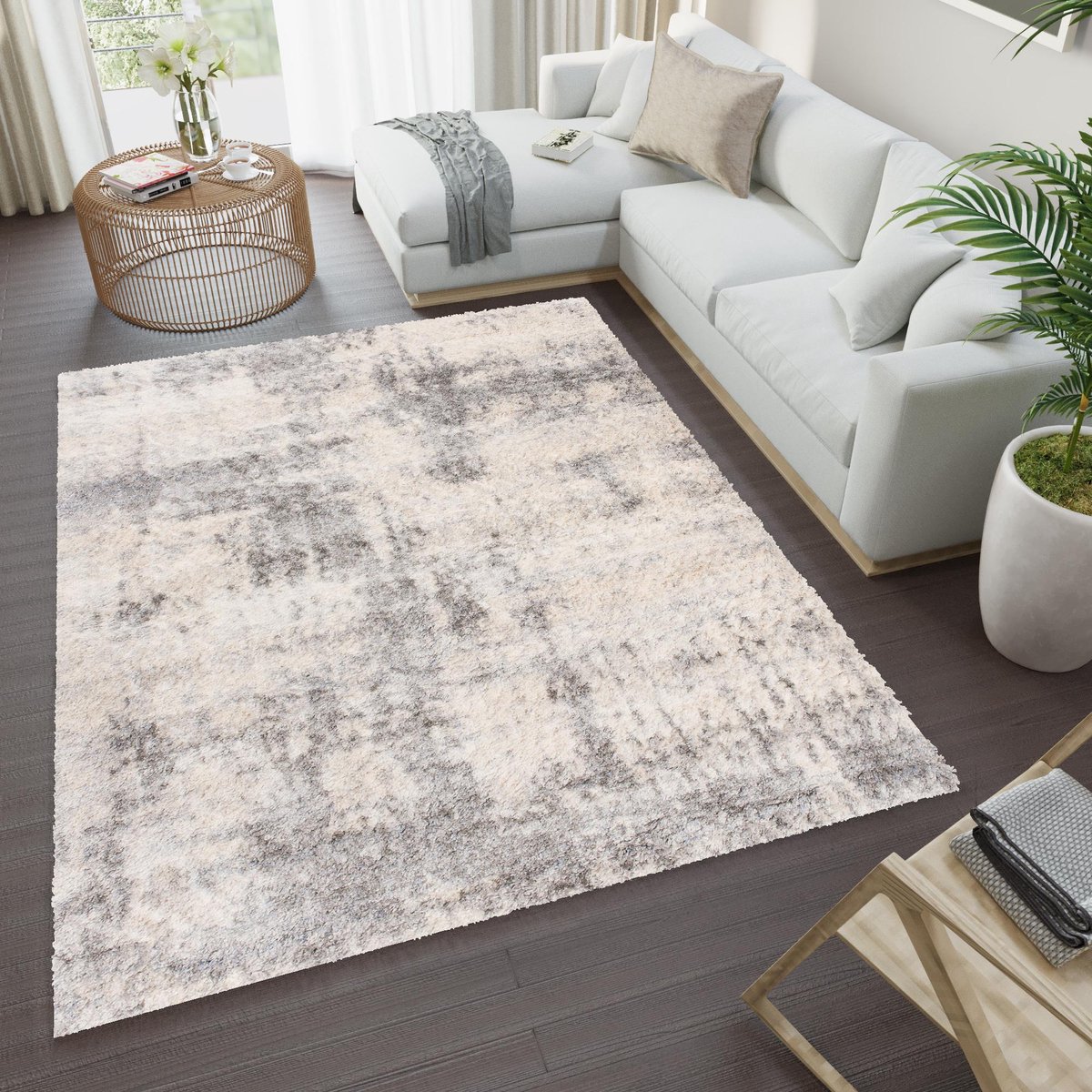 Tapiso Versay Vloerkleed Hoogpolig Modern Shaggy Tapijt Maat- 80x150 Creme Lichtgrijs2