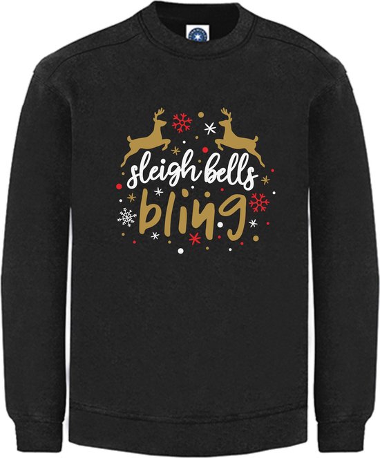 DAMES Kerst sweater -  SLEIGH BELLS BLING - kersttrui - zwart - large -Unisex