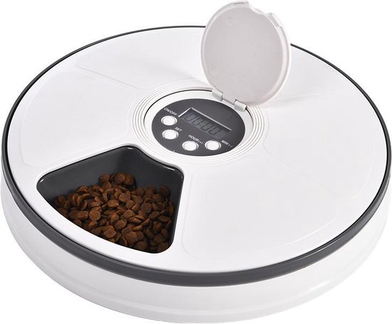 Quality4Less™ - Automatische Voerbak kat en hond - Volledig automatisch - 6 Verschillende maaltijden - Wit - Inclusief batterijen