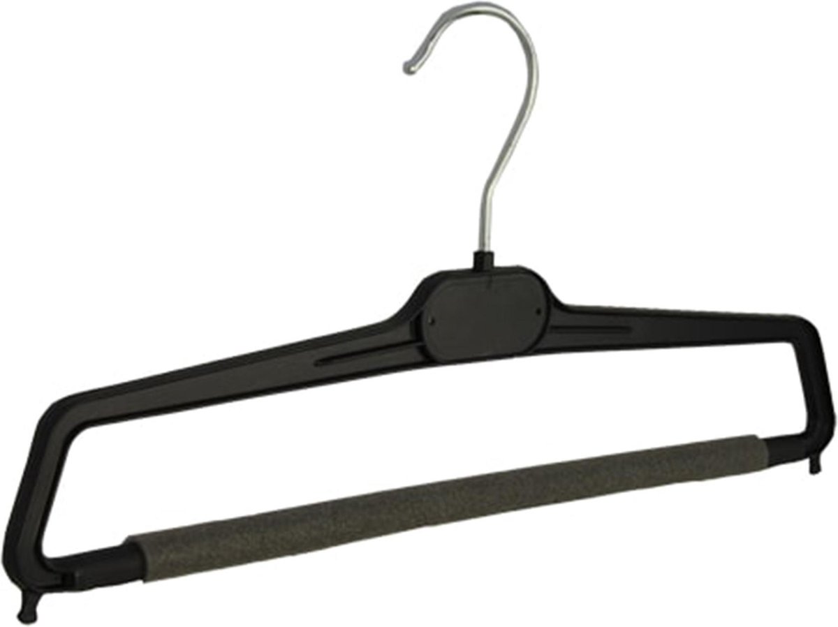De Kledinghanger Gigant - 10 x Broekhanger / pantalonhanger kunststof zwart met anti-slip broeklat (2 mm schuim), 38 cm