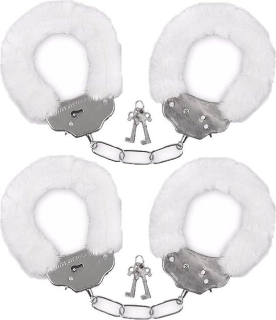 Pluche Handboeien - Set van 2x stuks - Wit - One size - Metaal/pluche - Speelgoedboeien, Accessoire - Voor volwassenen, rollenspel of verkleedpartijen