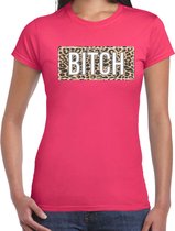 Bitch t-shirt met panterprint - roze - dames - fout fun tekst shirt / outfit / kleding XL