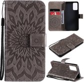 Voor OPPO Reno6 5G Zon Embossing Patroon Horizontale Flip Lederen Case met Kaartsleuf & Houder & Portemonnee & Lanyard (Grijs)