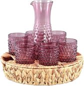 PTMD  hadley glas roze pitcher 6 glazen in rieten