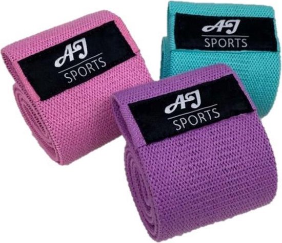 AJ-Sports Weerstandsbanden - Booty Band - Resistance band - Fitness elastiek - Paars/Roze/Cyaan - set van 3 - Fitness - Inclusief handleiding en draagtas