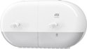 Witte Tork SmartOne Mini Twin Dispenser met papier uit de rollen.