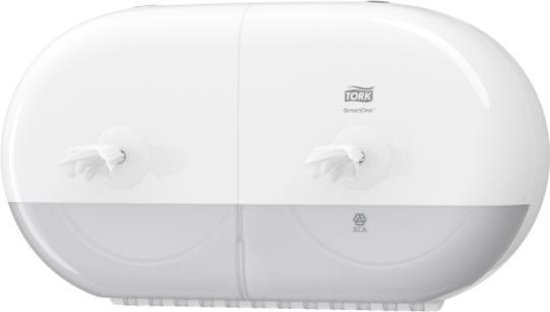 Witte Tork SmartOne Mini Twin Dispenser met papier uit de rollen.