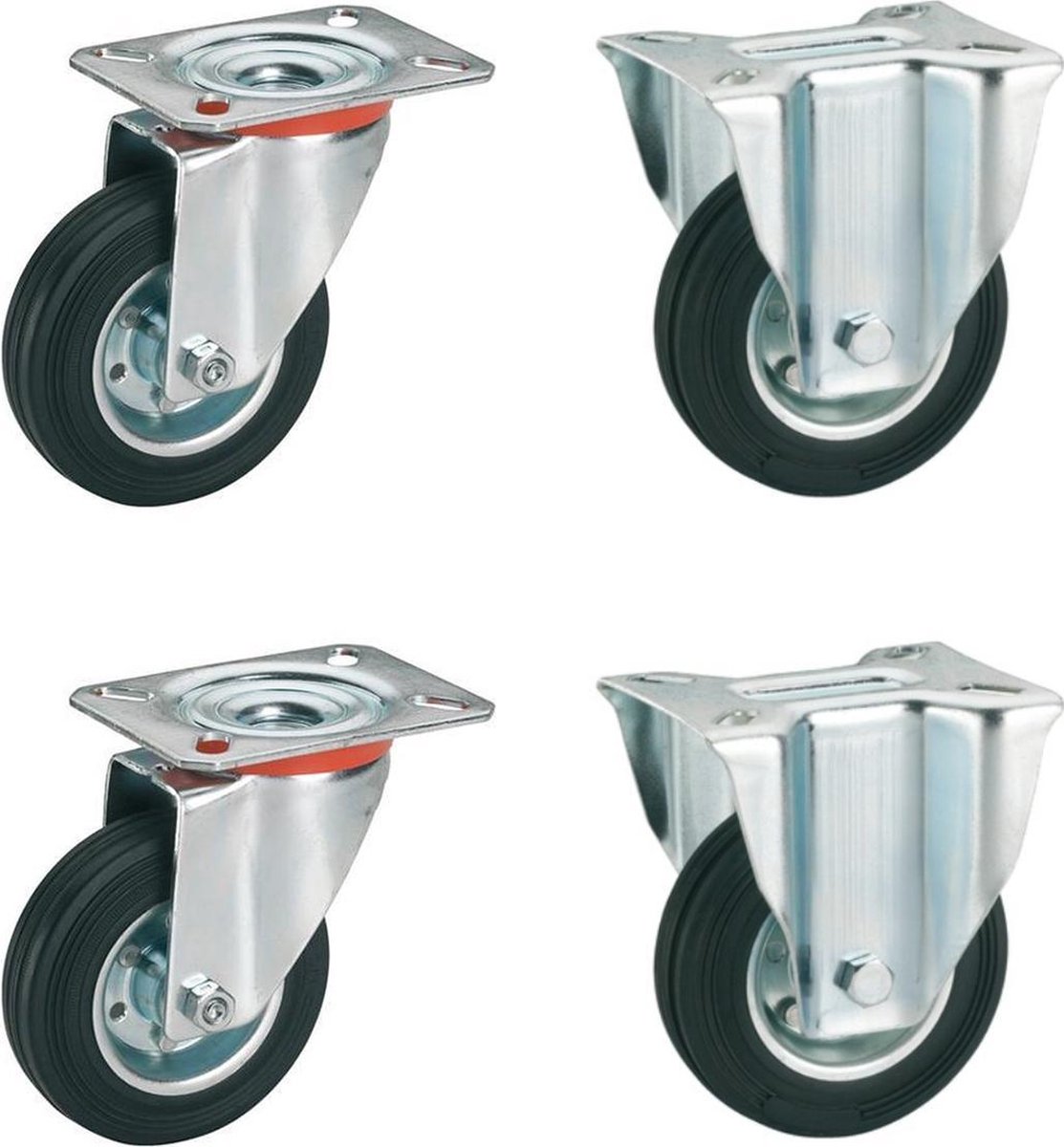4 Rubberen Zwenkwielen - 2 met plaatbevestiging & 2 bokwielen - Ø 75 mm - Zwenkwiel Rubber
