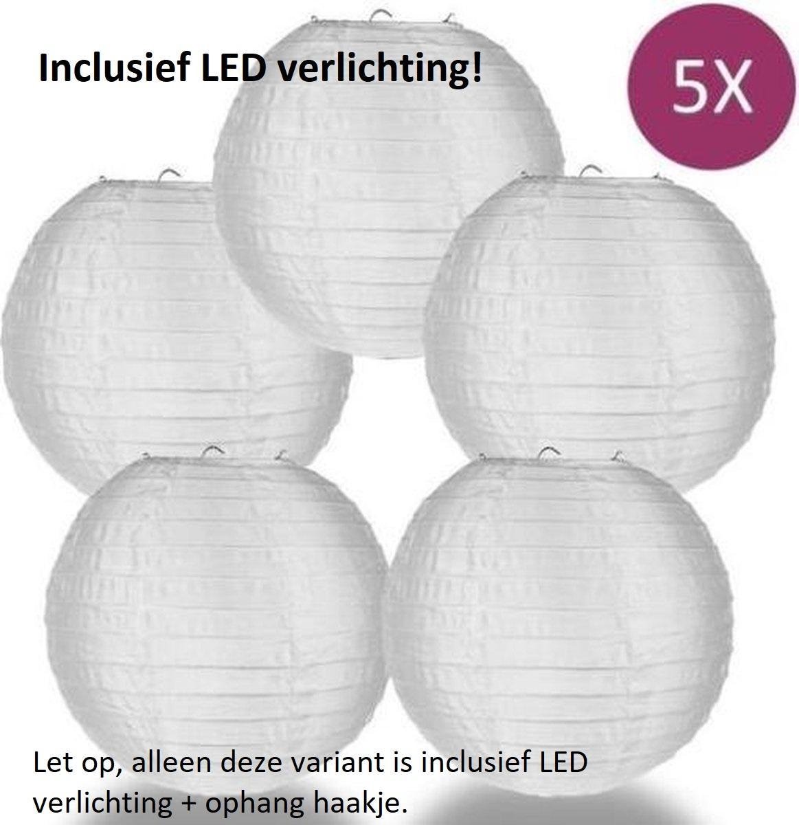 lampion - wit - 5 stuks - INCLUSIEF LED VERLICHTING - ophanghaakjes - waterbestendig | bol.com
