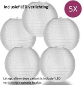 Nylon lampion - wit - 5 stuks - INCLUSIEF LED VERLICHTING - ophanghaakjes - waterbestendig