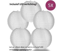 Nylon lampion - wit - 5 stuks - INCLUSIEF LED VERLICHTING - ophanghaakjes - waterbestendig