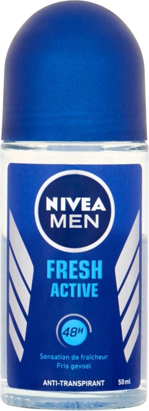 Nivea Men Fresh Active roll-on deodorant met blauwe dop en zilveren strepen op het etiket.