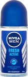 Nivea Men Fresh Active roll-on deodorant met blauwe dop en zilveren strepen op het etiket.