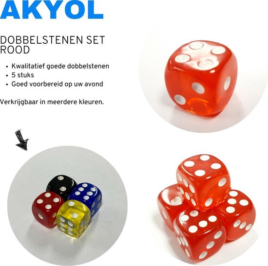 Thumbnail van een extra afbeelding van het spel Akyol® Vijf gekleurde dobbelstenen | Set 5 | Dobbelsteenbak | Normale dobbelstenen | Gekleurde dobbelstenen | Rood witte | Dices | Polydice