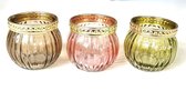 Set van 3 glazen theelicht waxinelicht houders Roze / Groen / Bruin