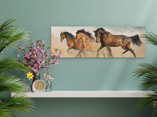Artaza Canvas Schilderij Drie Bruine Paarden - 60x20 - Foto Op Canvas - Canvas Print