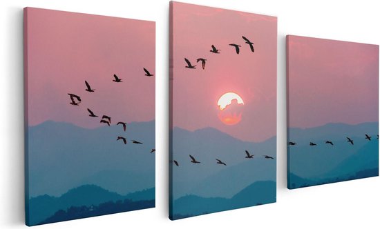 Artaza Canvas Schilderij Drieluik Silhouet Van Zwerm Vogels Bij Zonsondergang - 120x60 - Foto Op Canvas - Canvas Print